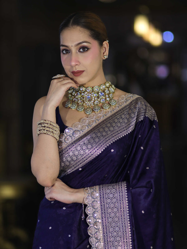 Banarasee Handloom Mashru Silk Saree With Buti Design Zari Border & Lace-Navy Blue