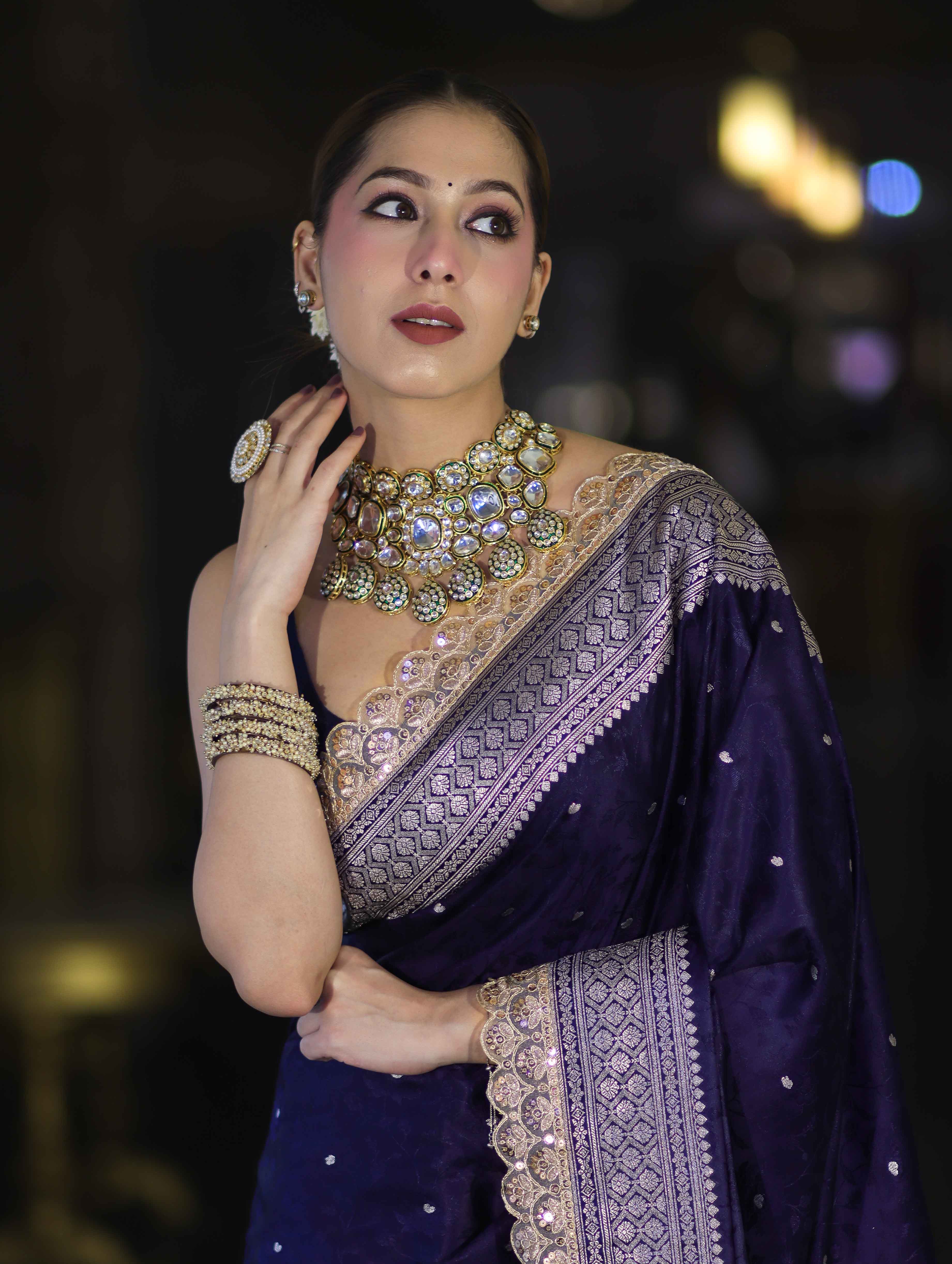 Banarasee Handloom Mashru Silk Saree With Buti Design Zari Border & Lace-Violet