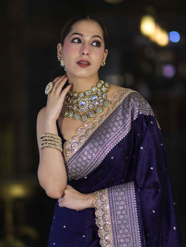 Banarasee Handloom Mashru Silk Saree With Buti Design Zari Border & Lace-Violet