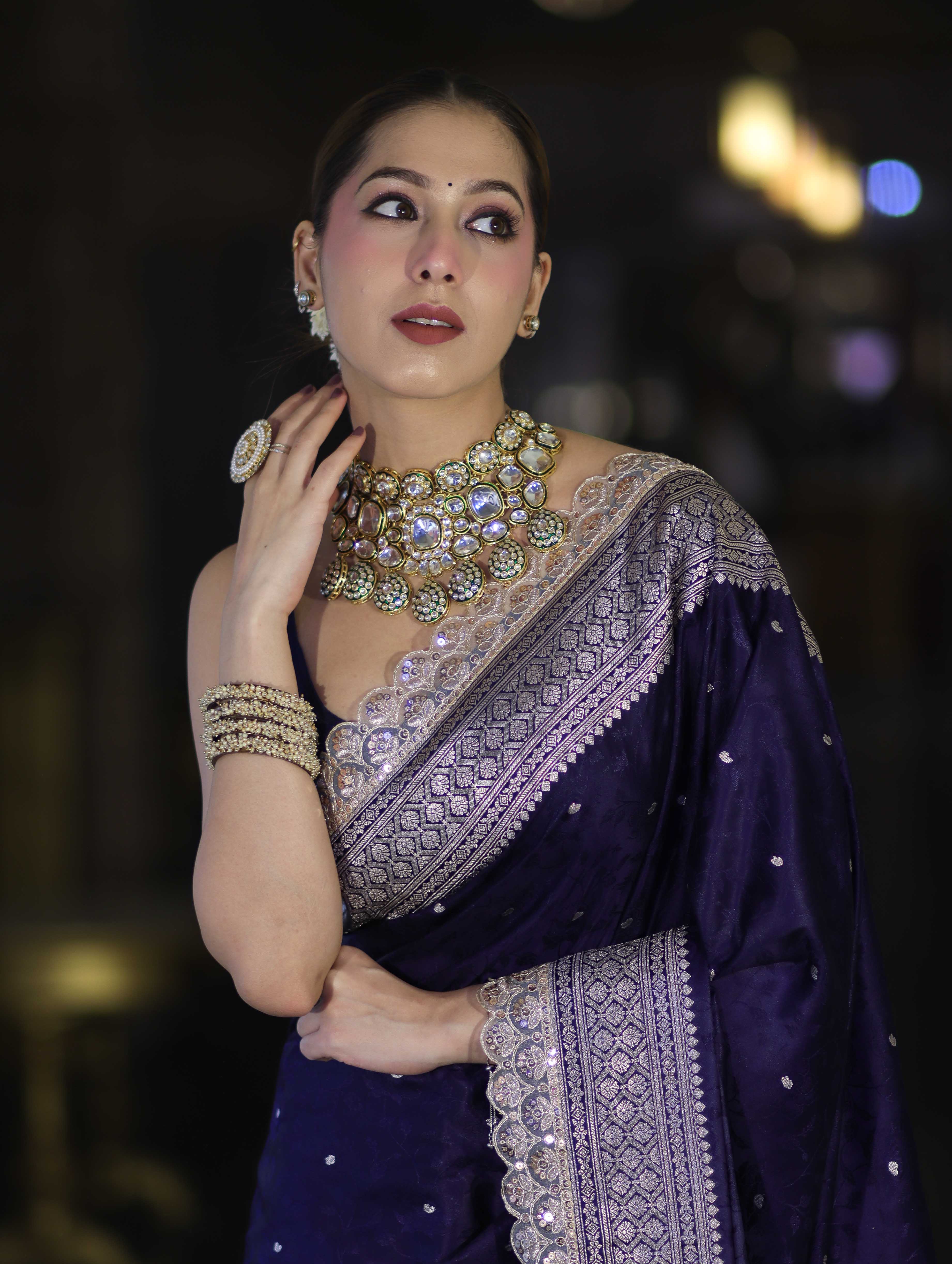 Banarasee Handloom Mashru Silk Saree With Buti Design Zari Border & Lace-Navy Blue