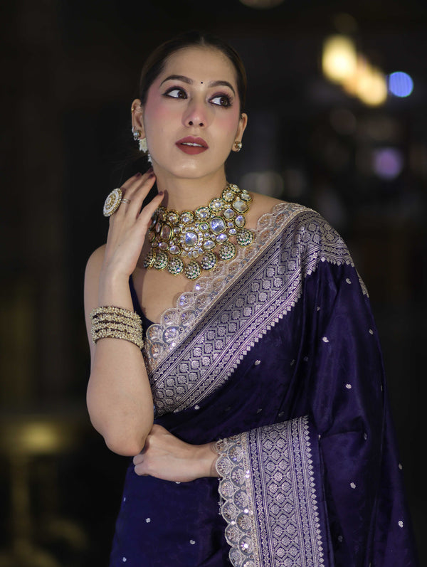 Banarasee Handloom Mashru Silk Saree With Buti Design Zari Border & Lace-Navy Blue