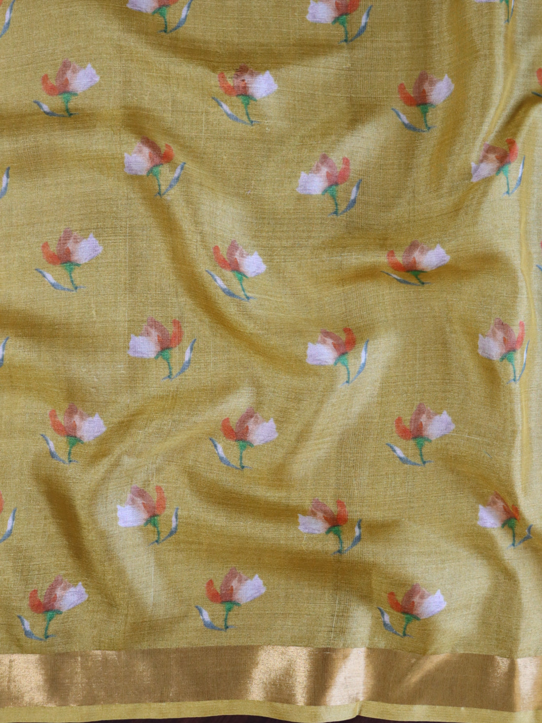 Banarasee Pure Tussar Silk Saree With Digital Print & Zari Border-Yellow