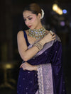 Banarasee Handloom Mashru Silk Saree With Buti Design Zari Border & Lace-Navy Blue