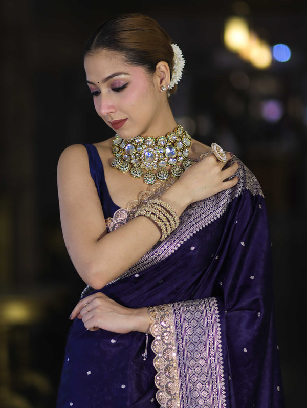 Banarasee Handloom Mashru Silk Saree With Buti Design Zari Border & Lace-Violet