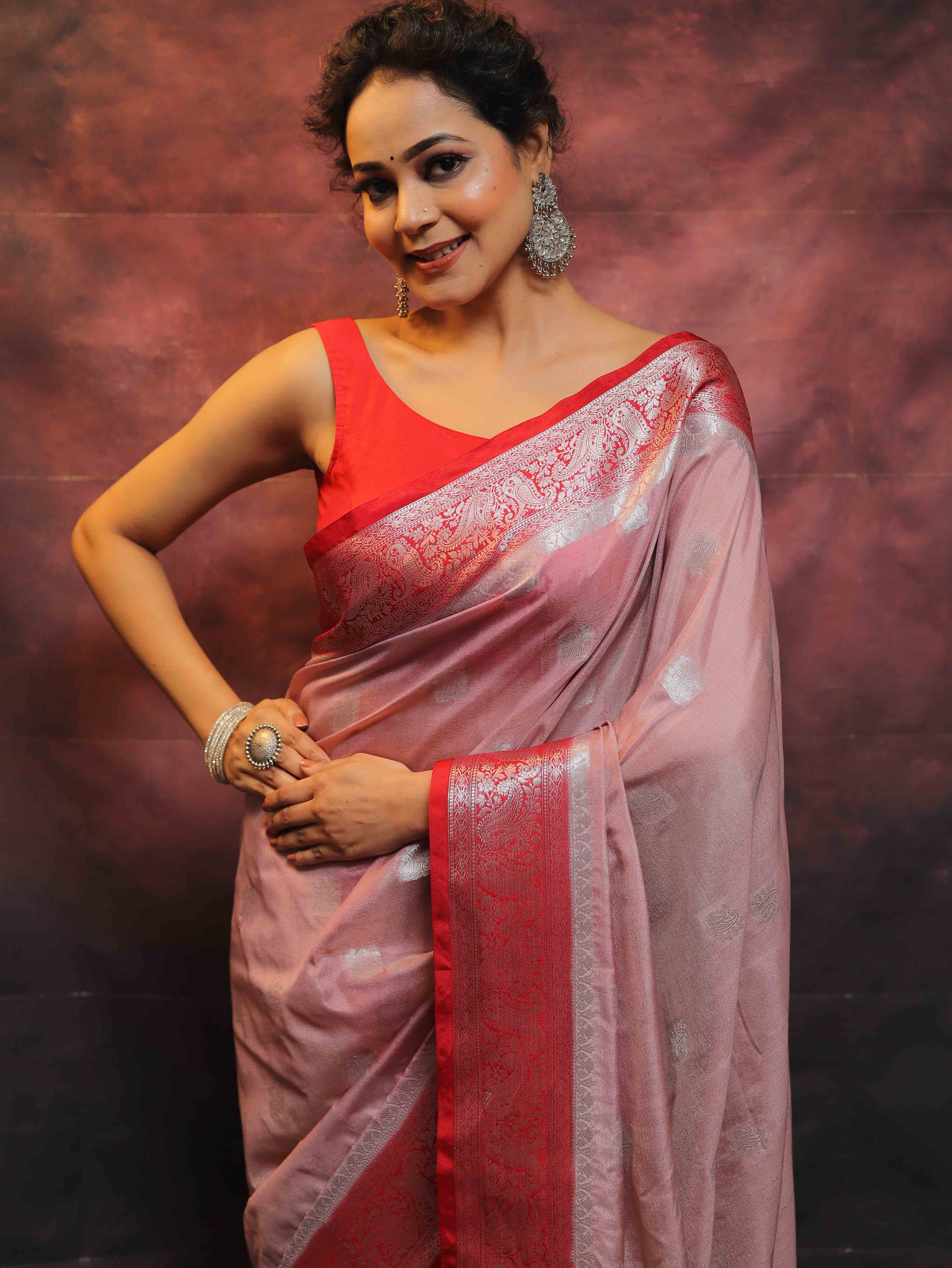 Banarasee Handwoven Semi-Chiffon Saree With Contrast Border & Silver Zari-Mauve & Red
