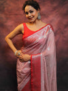 Banarasee Handwoven Semi-Chiffon Saree With Contrast Border & Silver Zari-Mauve & Red