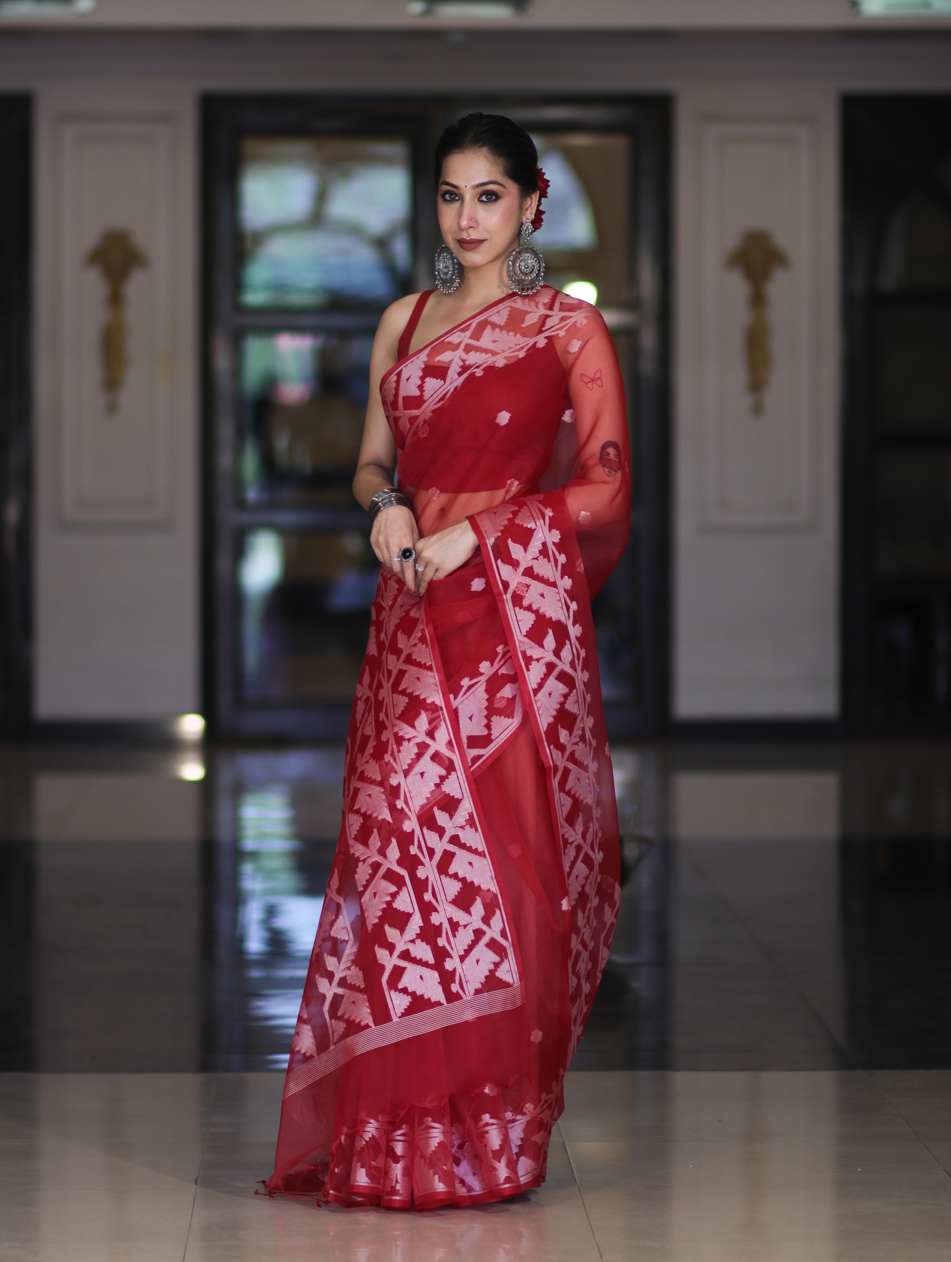 Banarasee Organza Saree With Resham Buta Design & Border-Maroon