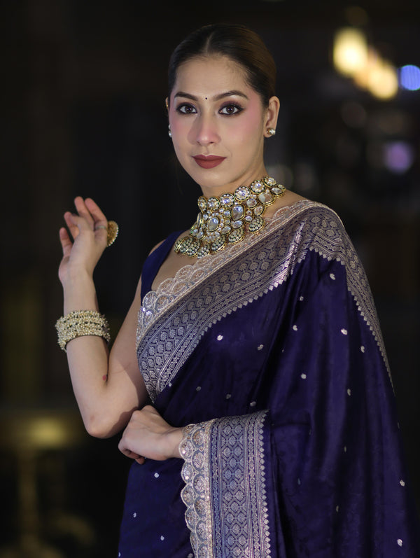 Banarasee Handloom Mashru Silk Saree With Buti Design Zari Border & Lace-Navy Blue