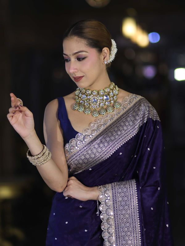 Banarasee Handloom Mashru Silk Saree With Buti Design Zari Border & Lace-Navy Blue