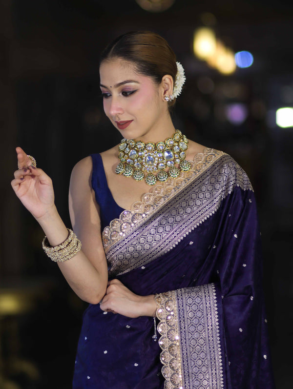 Banarasee Handloom Mashru Silk Saree With Buti Design Zari Border & Lace-Violet