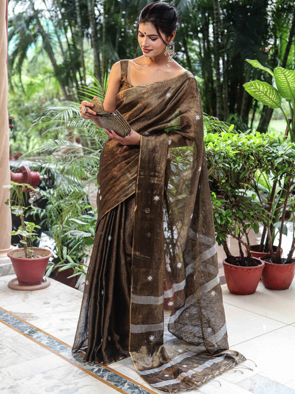 Banarasee Linen Tissue Metallic Shine Saree With Embroidered Buta-Black (Gold Tone)