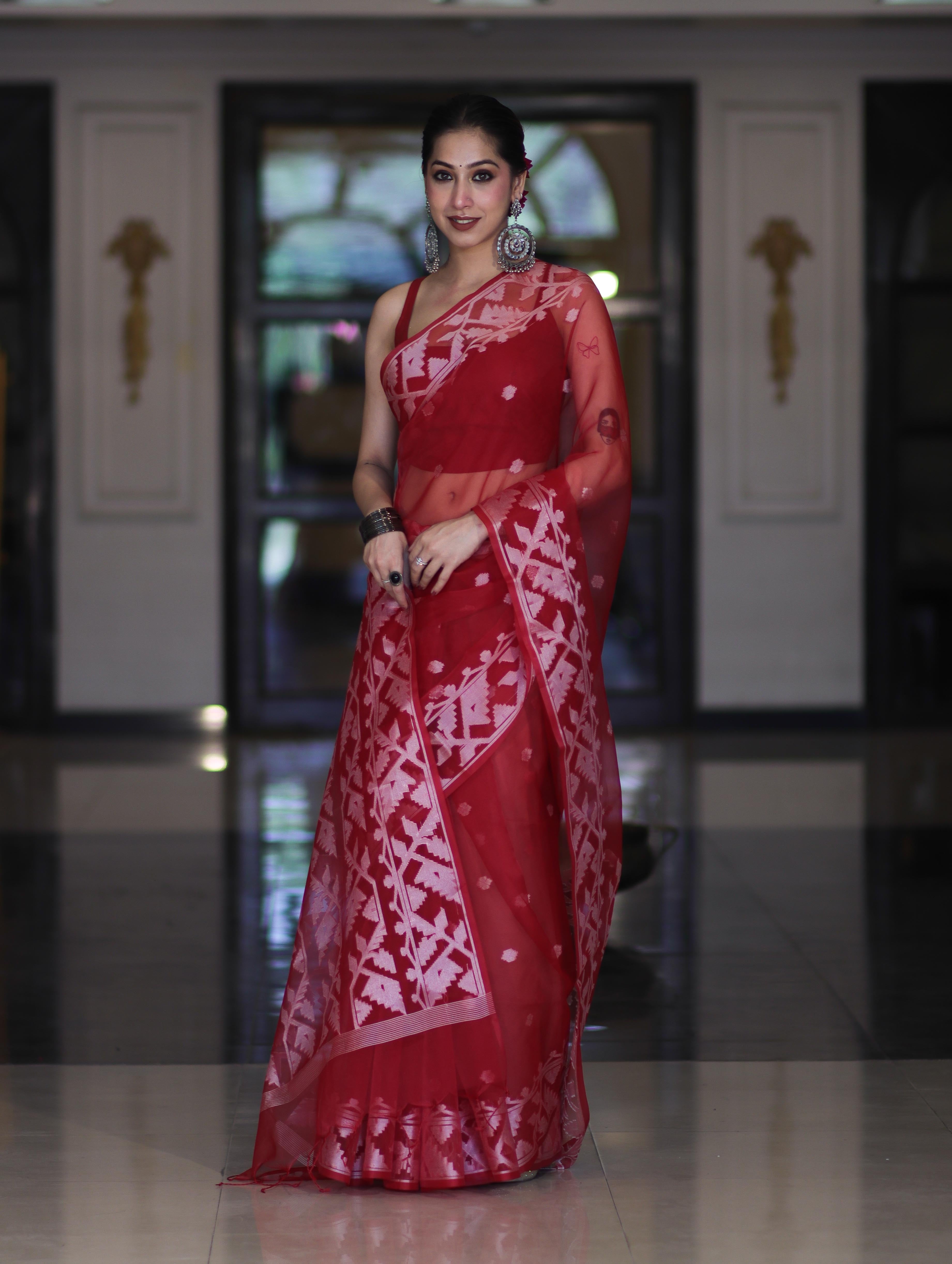 Banarasee Organza Saree With Resham Buta Design & Border-Maroon