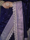Banarasee Handloom Mashru Silk Saree With Buti Design Zari Border & Lace-Navy Blue