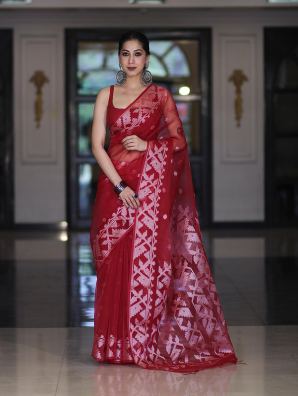 Banarasee Organza Saree With Resham Buta Design & Border-Maroon