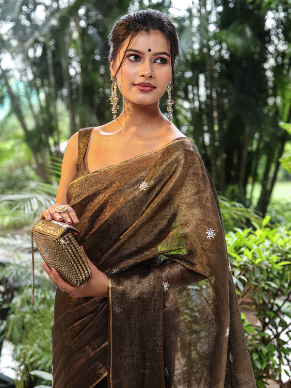 Banarasee Linen Tissue Metallic Shine Saree With Embroidered Buta-Black (Gold Tone)