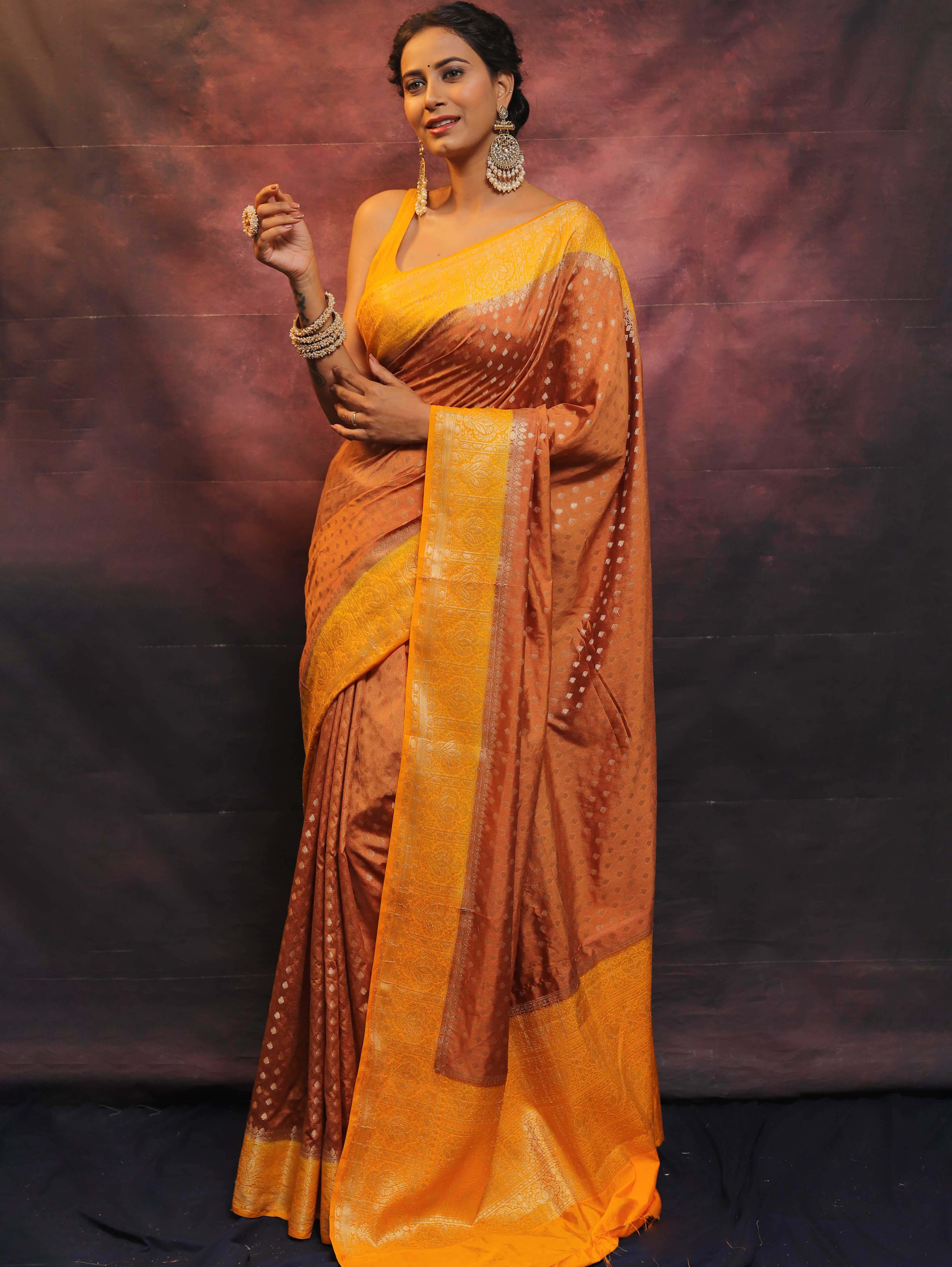 Banarasee Semi Silk Zari Buti Saree With Contrast Border-Brown & Yellow
