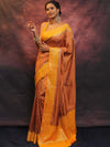 Banarasee Semi Silk Zari Buti Saree With Contrast Border-Brown & Yellow