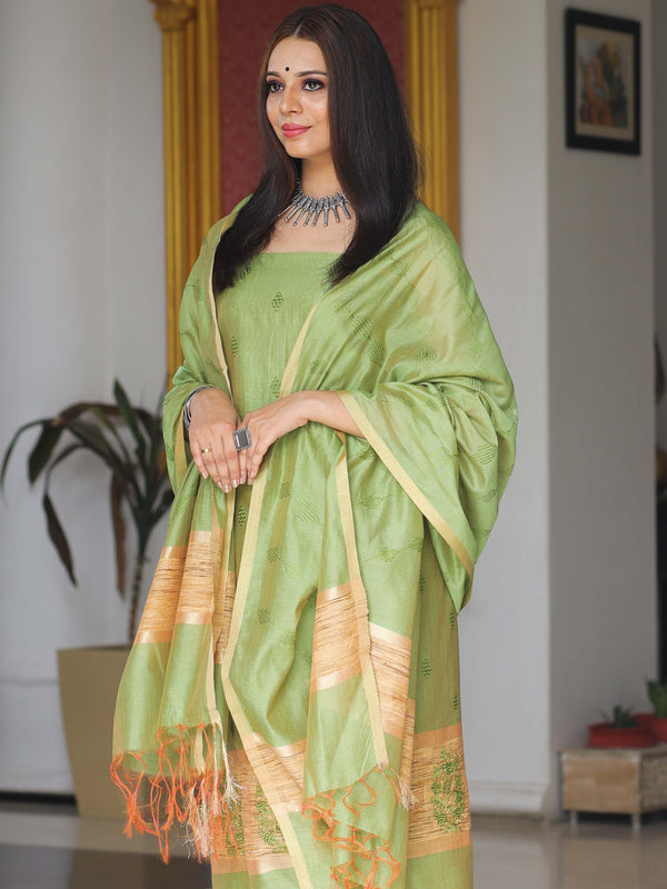 Banarasee Cotton Silk Salwar Kameez Ghichha Work Fabric With Embroidery Work-Green