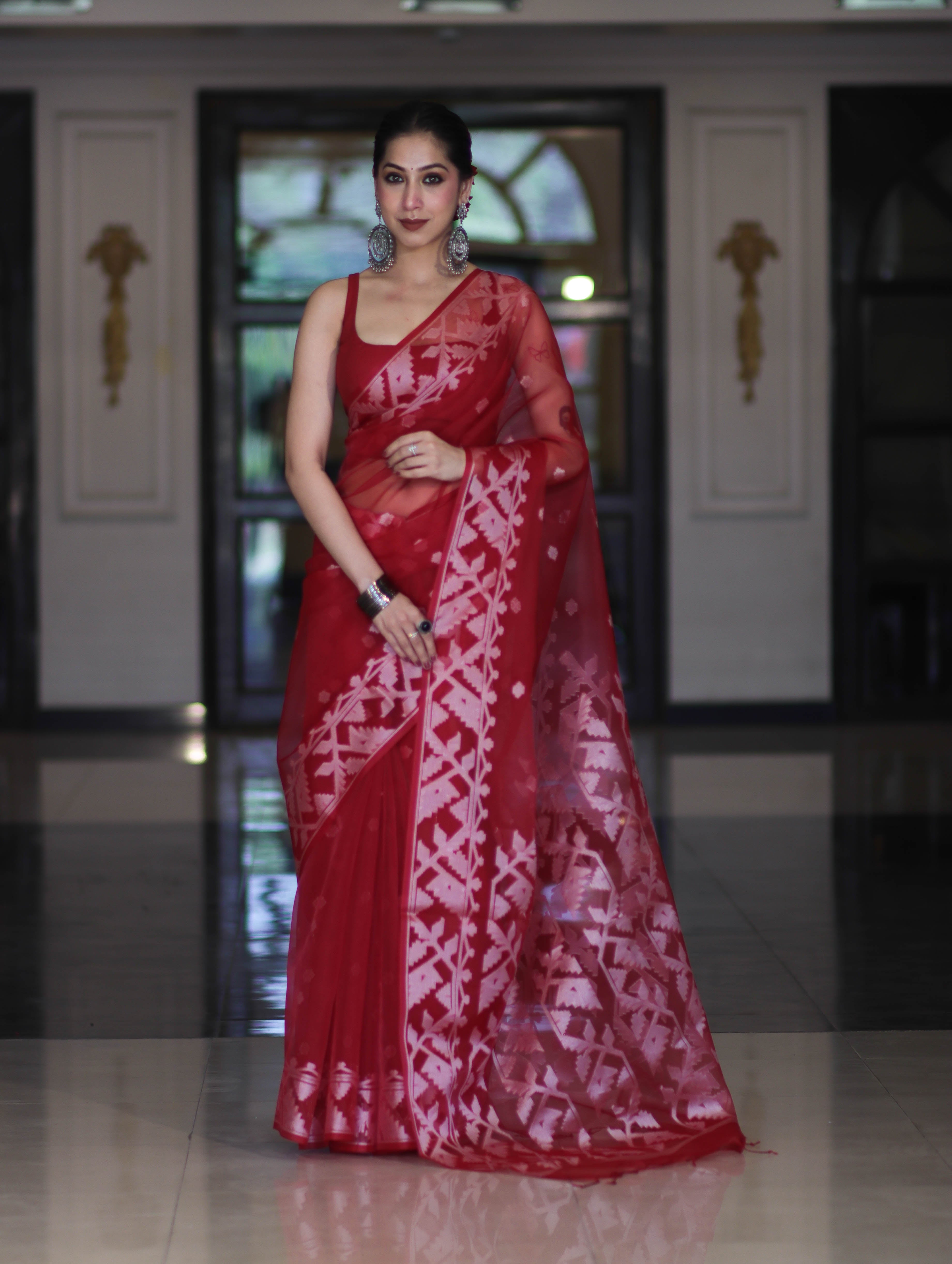 Banarasee Organza Saree With Resham Buta Design & Border-Maroon