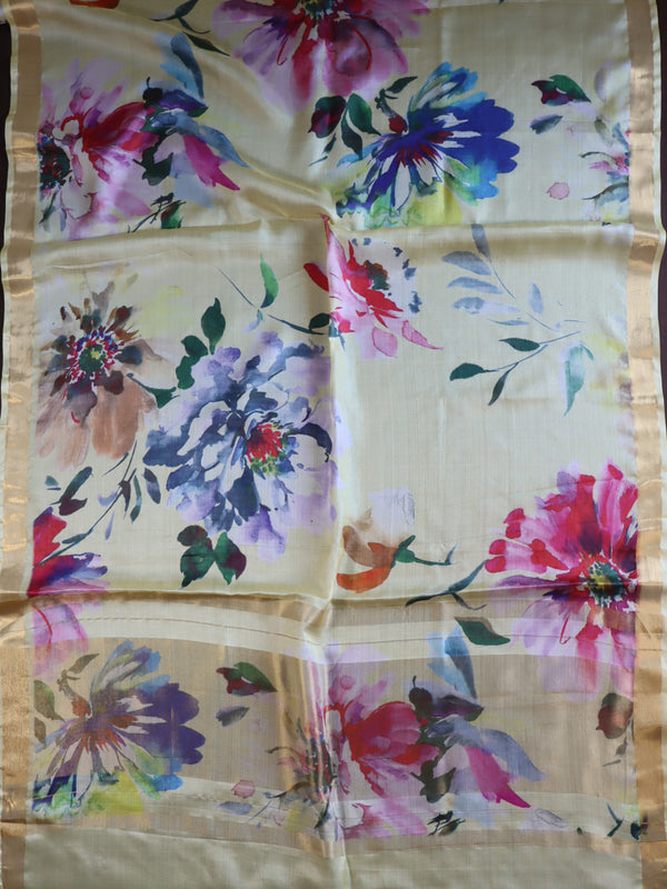 Banarasee Tussar Silk Saree With Digital Print & Zari Border-Pastel Yellow