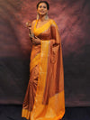 Banarasee Semi Silk Zari Buti Saree With Contrast Border-Brown & Yellow