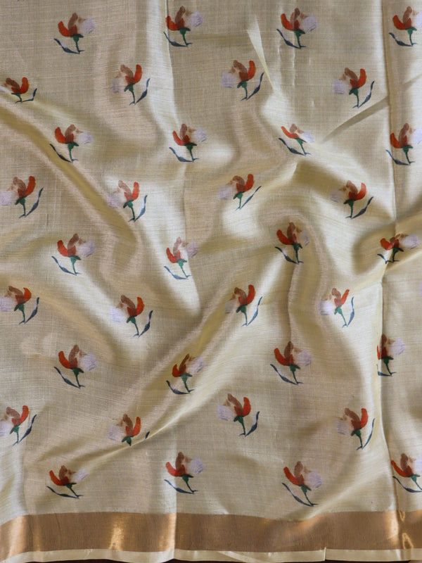 Banarasee Tussar Silk Saree With Digital Print & Zari Border-Pastel Yellow
