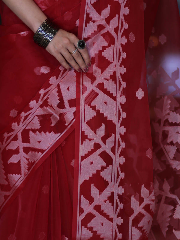 Banarasee Organza Saree With Resham Buta Design & Border-Maroon