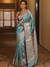 Banarasee Handwoven Dual Tone Semi Silk Saree With Zari Buti-Turquoise Green