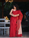 Banarasee Handloom Plain Cotton Silk Saree With Contrast Pallu-Red