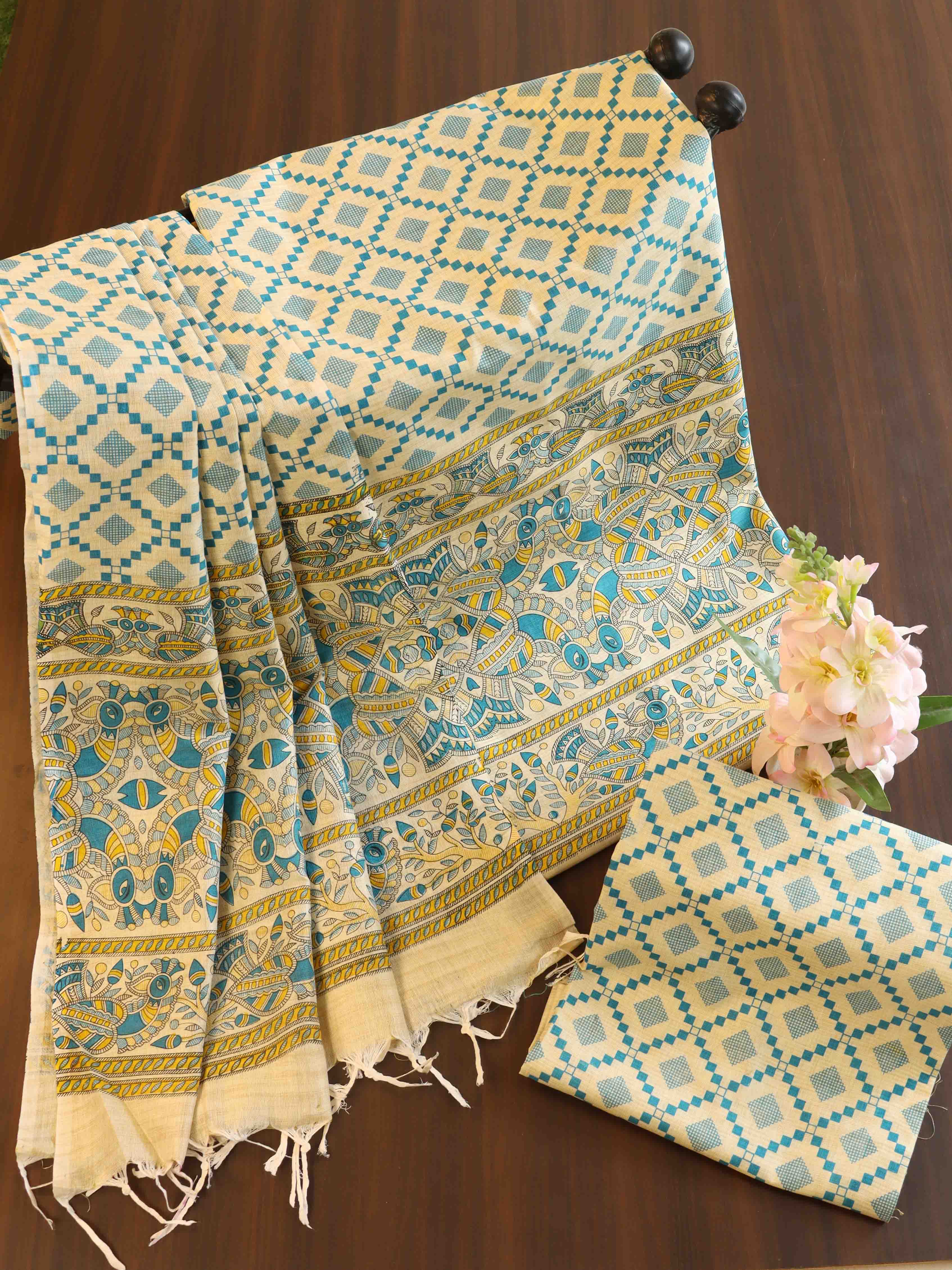 Handloom Block Printed Khadi Cotton Salwar Kameez Dupatta Set-Beige