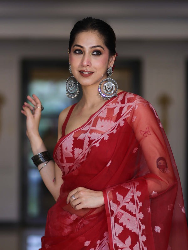 Banarasee Organza Saree With Resham Buta Design & Border-Maroon