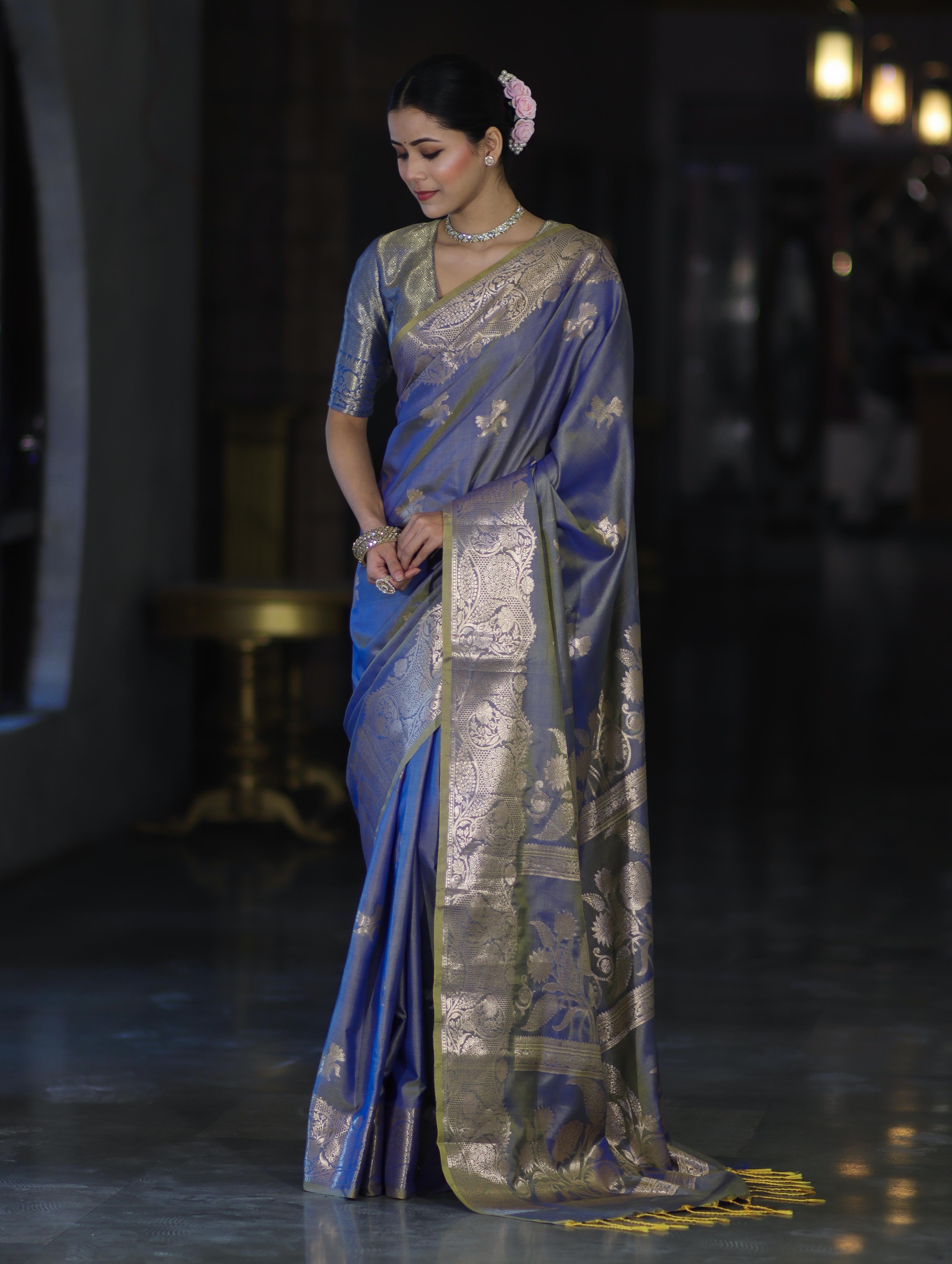 Banarasee Handloom Dual Tone Semi Silk Saree With Zari Buta Design & Floral Border-Blue