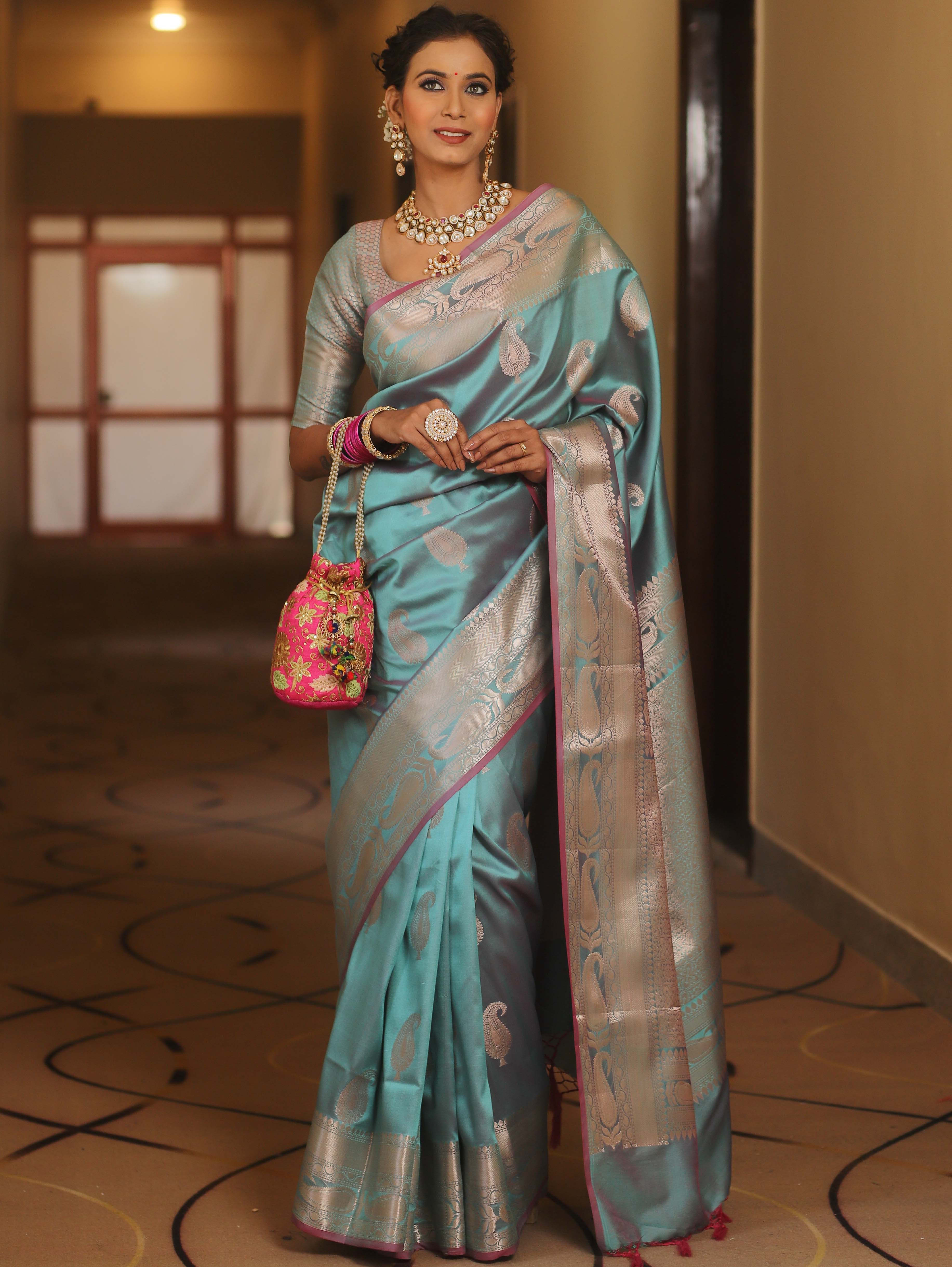 Banarasee Handwoven Dual Tone Semi Silk Saree With Zari Buti-Turquoise Green