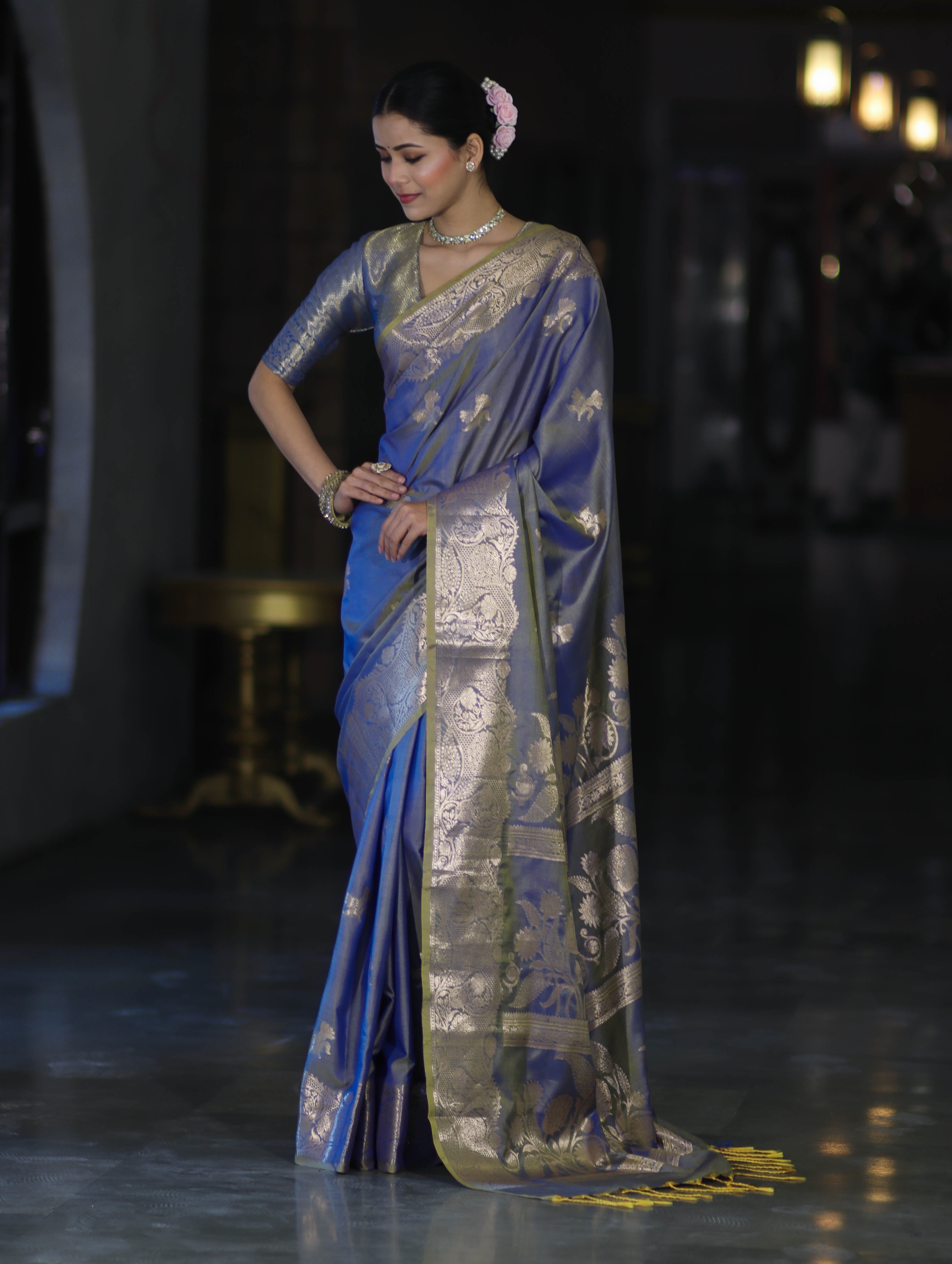 Banarasee Handloom Dual Tone Semi Silk Saree With Zari Buta Design & Floral Border-Blue