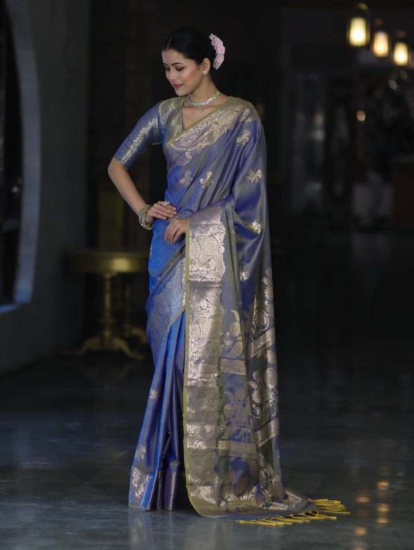 Banarasee Handloom Dual Tone Semi Silk Saree With Zari Buta Design & Floral Border-Blue