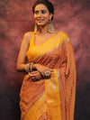 Banarasee Semi Silk Zari Buti Saree With Contrast Border-Brown & Yellow