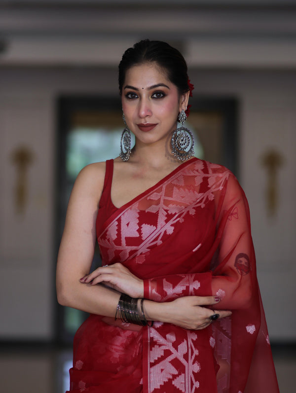 Banarasee Organza Saree With Resham Buta Design & Border-Maroon