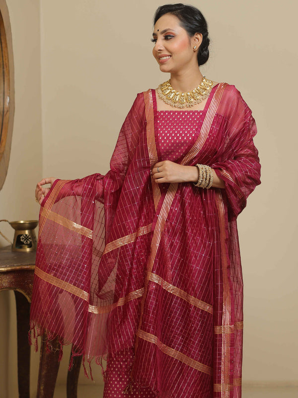 Banarasee Chanderi Cotton Salwar Kameez With Organza Dupatta Set-Magenta