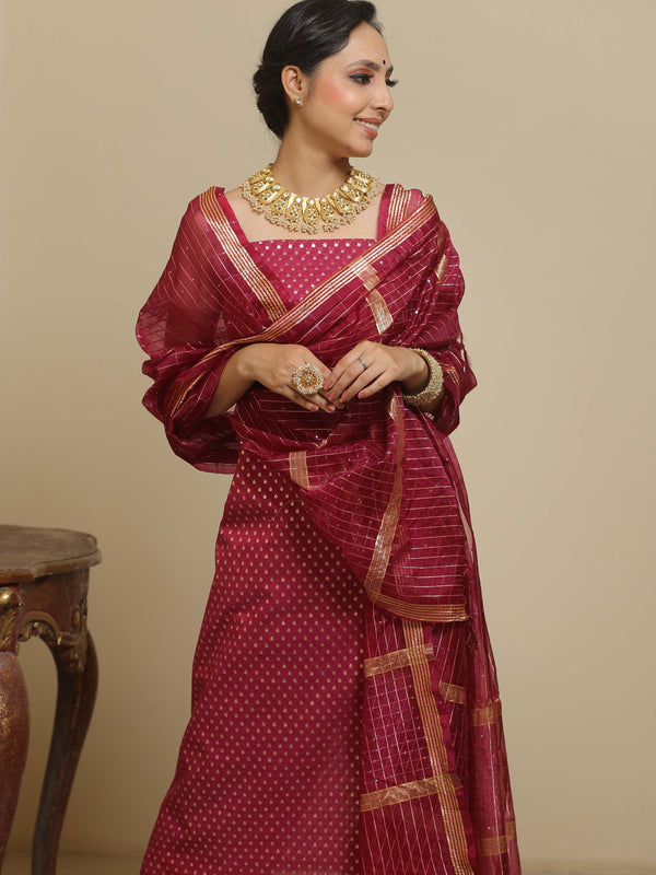 Banarasee Chanderi Cotton Salwar Kameez With Organza Dupatta Set-Magenta