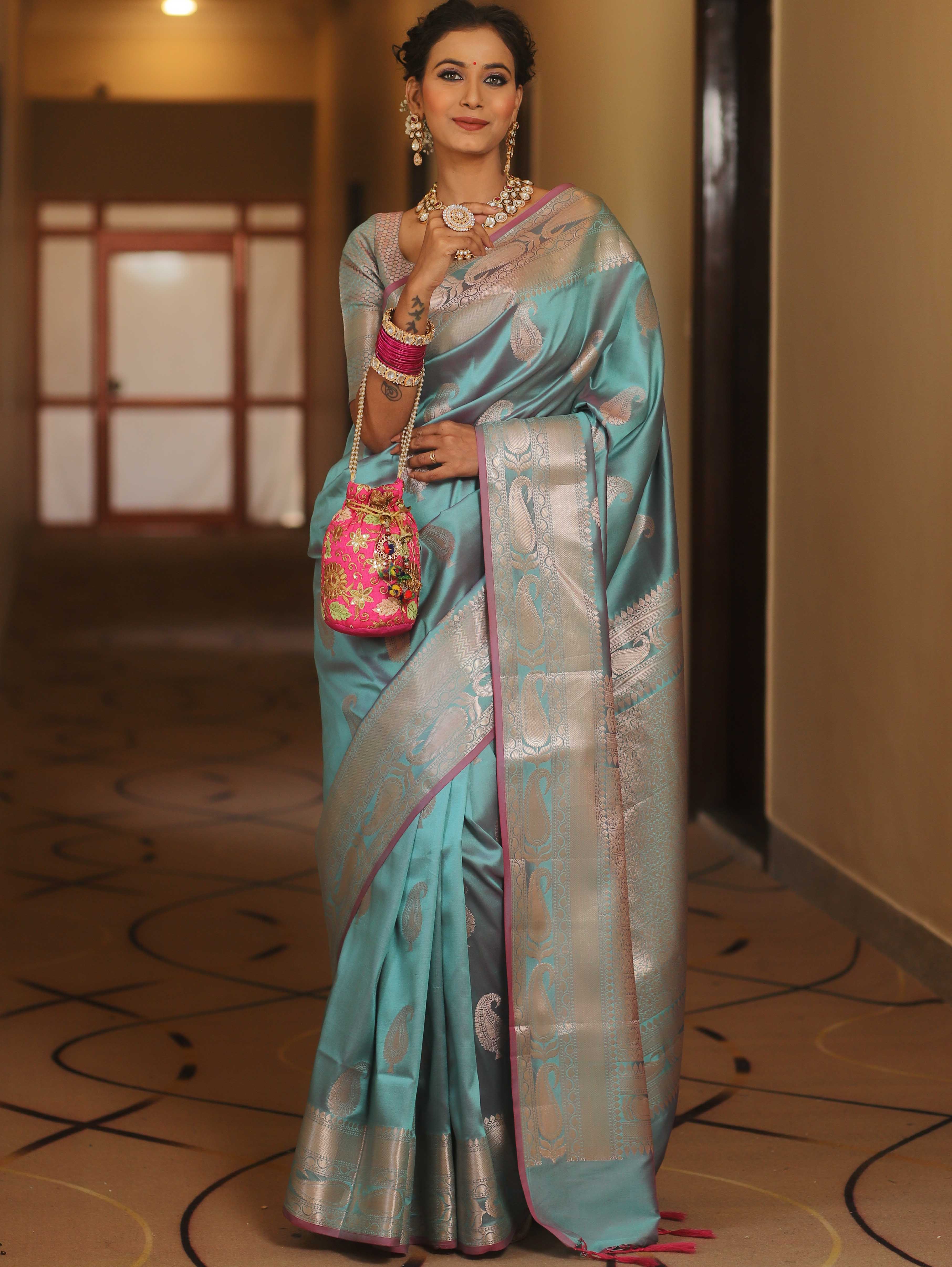 Banarasee Handwoven Dual Tone Semi Silk Saree With Zari Buti-Turquoise Green