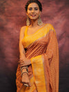 Banarasee Semi Silk Zari Buti Saree With Contrast Border-Brown & Yellow