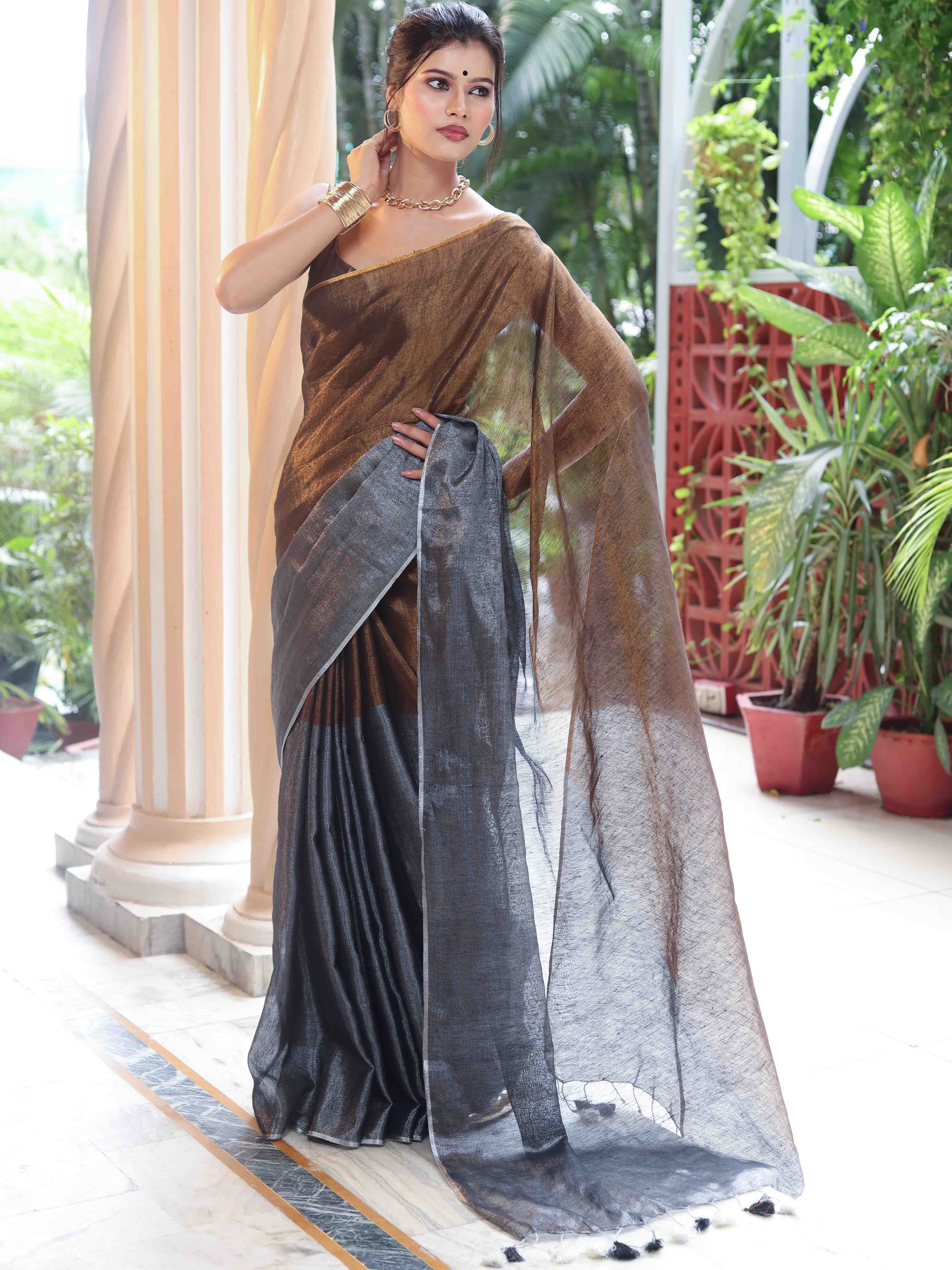 Banarasee Linen Tissue Metallic Shine Saree-Grey & Gold