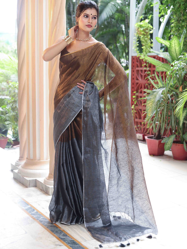 Banarasee Linen Tissue Metallic Shine Saree-Grey & Gold