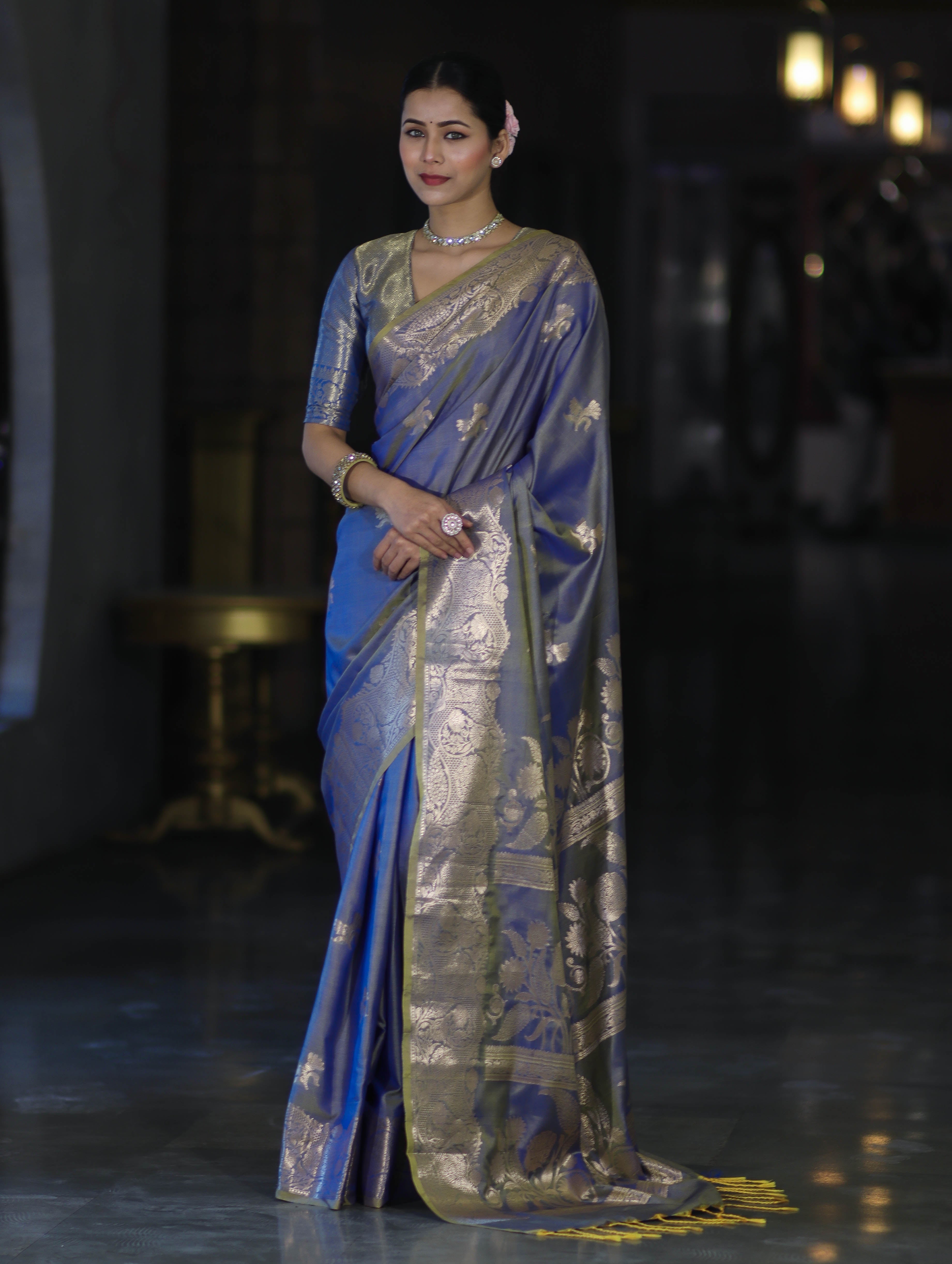 Banarasee Handloom Dual Tone Semi Silk Saree With Zari Buta Design & Floral Border-Blue