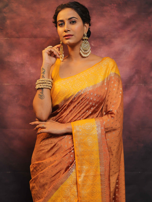 Banarasee Semi Silk Zari Buti Saree With Contrast Border-Brown & Yellow