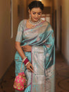 Banarasee Handwoven Dual Tone Semi Silk Saree With Zari Buti-Turquoise Green