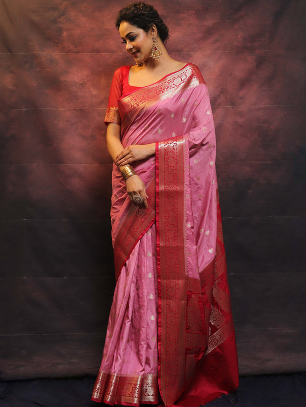 Banarasee Handwoven Semi-Chiffon Saree With Contrast Border & Gold Zari-Pink & Red