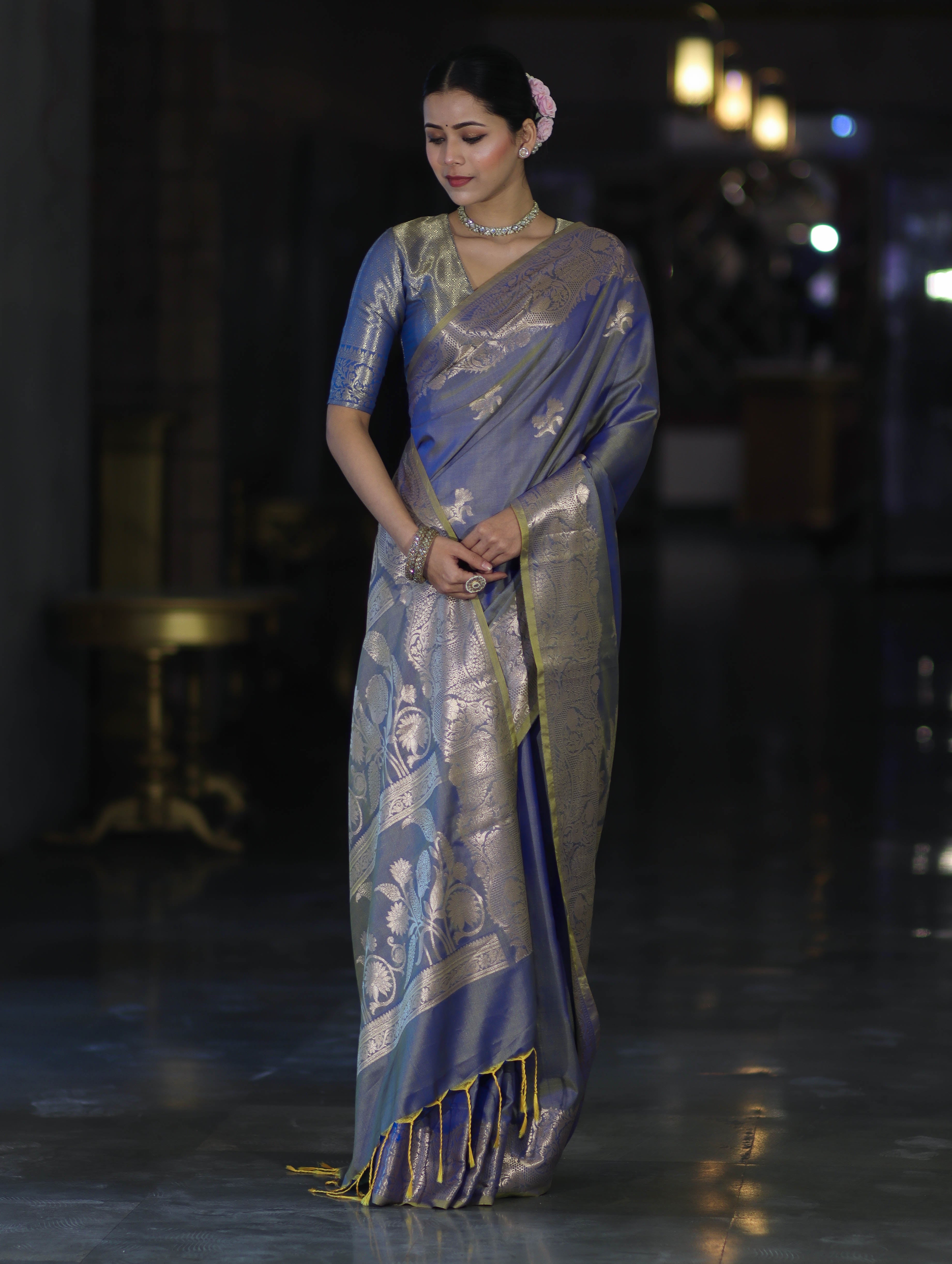 Banarasee Handloom Dual Tone Semi Silk Saree With Zari Buta Design & Floral Border-Blue