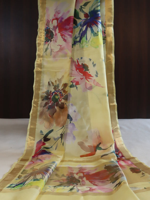 Banarasee Tussar Silk Saree With Digital Print & Zari Border-Pastel Yellow