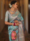 Banarasee Handwoven Dual Tone Semi Silk Saree With Zari Buti-Turquoise Green